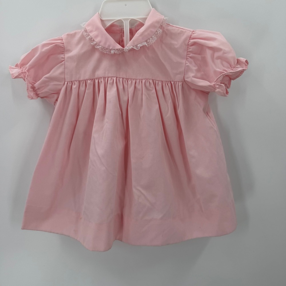 Vintage Baby Dress Lace Peter Pan Collar Puffed Sleeve 6M Pink Babydoll